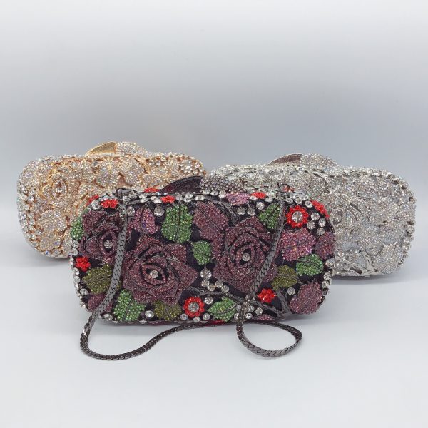 Square Clutch Handbag for Women with Crystal Red Rose Patterns Silver Chain - Image 4