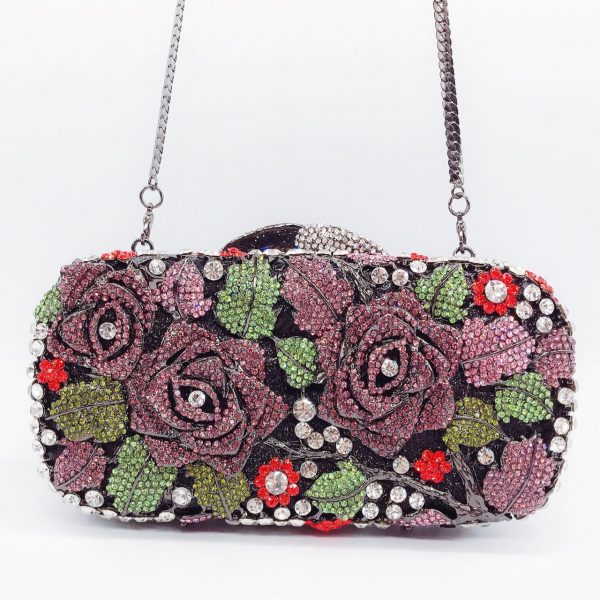 Square Clutch Handbag for Women with Crystal Red Rose Patterns Silver Chain - Image 5