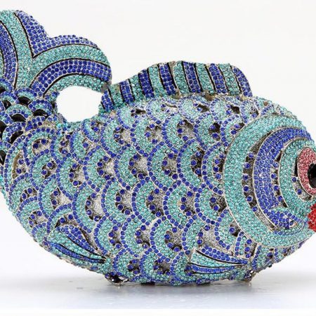 Light Blue Goldfish-Shaped Women Evening Purse with Swarovski Crystals Metal Chain