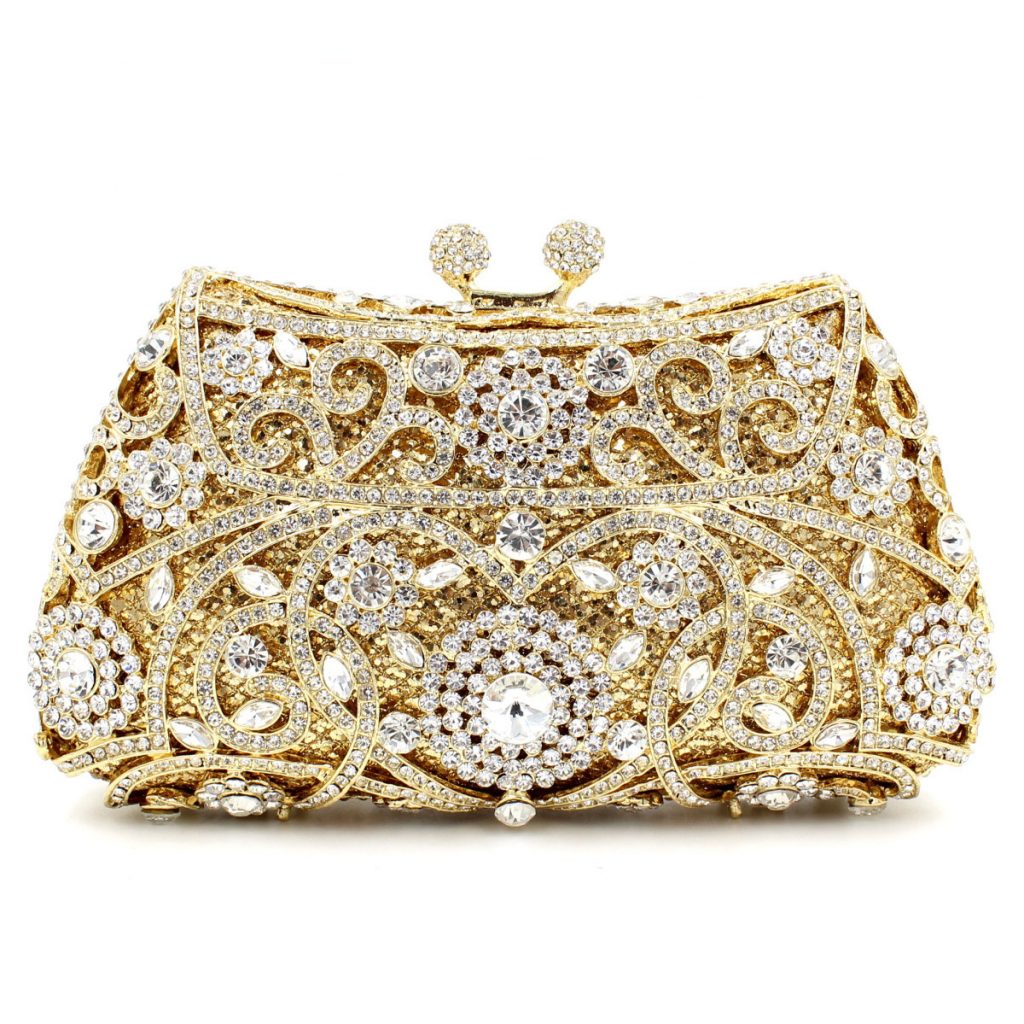 Famous Designer Crystal Evening Purse for Women in Golden Tone