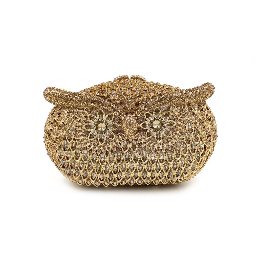 Golden Owl-shaped Crystal Evening Clutch Bag with Chain