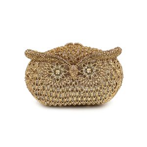 Golden Owl-shaped Crystal Evening Clutch Bag with Chain