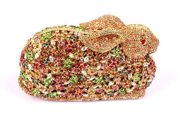 Luxurious Golden Rabbit Evening Clutch Alloy Hard Case Deco with Crystals