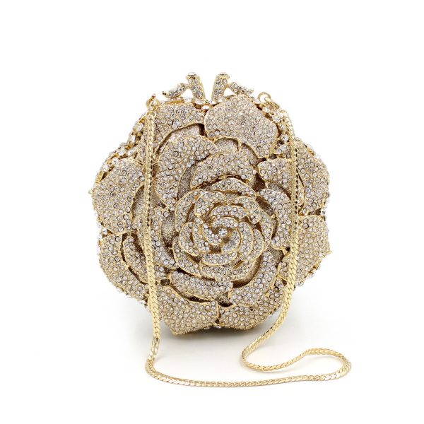 Skeleton Design Golden Crystal Clutch Bag In Rose Flower Shape - Image 3