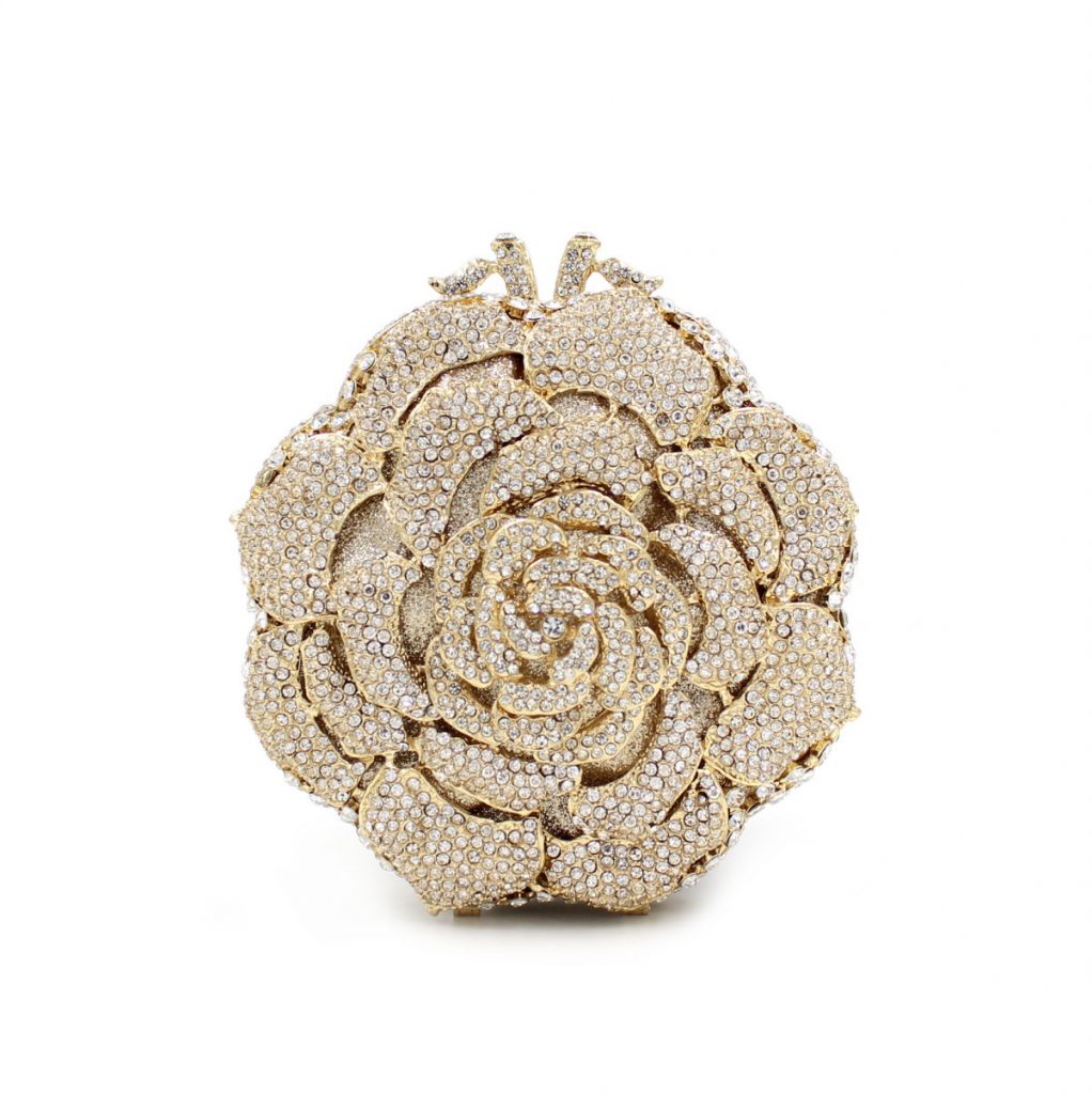 Skeleton Design Golden Crystal Clutch Bag In Rose Flower Shape