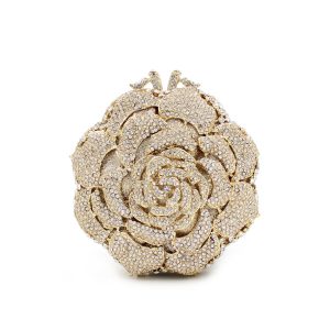 Skeleton Design Golden Crystal Clutch Bag In Rose Flower Shape