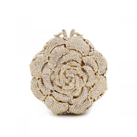 Skeleton Design Golden Crystal Clutch Bag In Rose Flower Shape