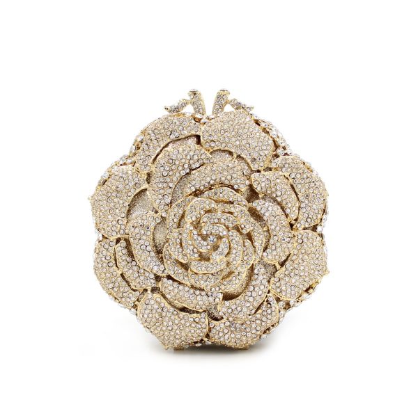 Skeleton Design Golden Crystal Clutch Bag In Rose Flower Shape