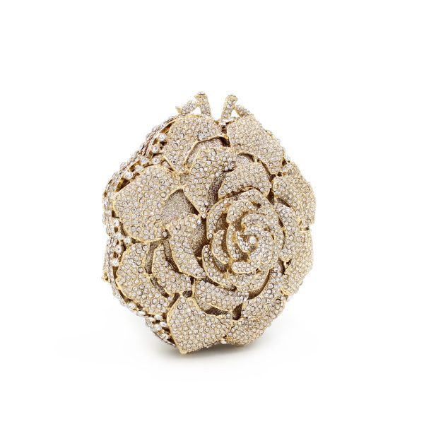 Skeleton Design Golden Crystal Clutch Bag In Rose Flower Shape - Image 4