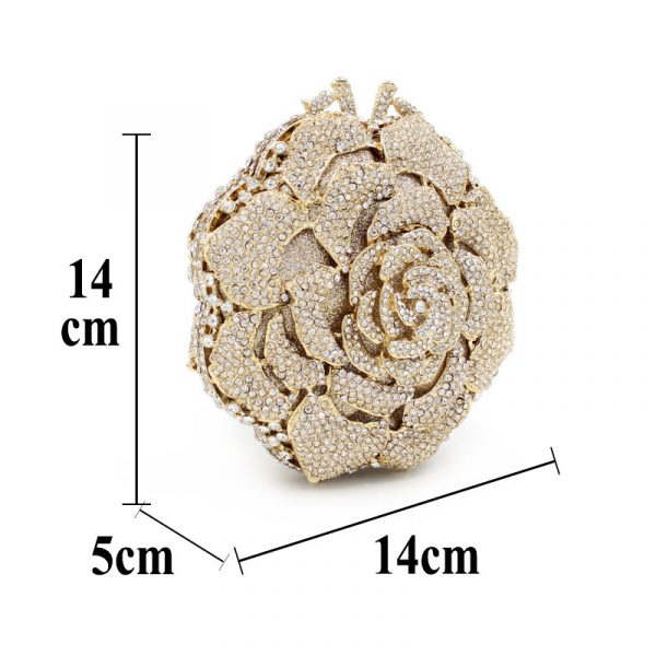 Skeleton Design Golden Crystal Clutch Bag In Rose Flower Shape - Image 9
