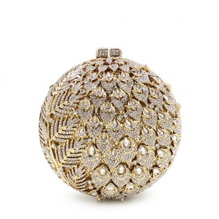 Round Golden Luxury Evening Bag Flower Patterns White Diamonds Decoration