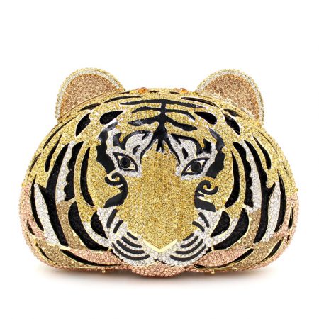 Golden Tiger Head Diamond Clutch Purse Two Ear Closure Buckle