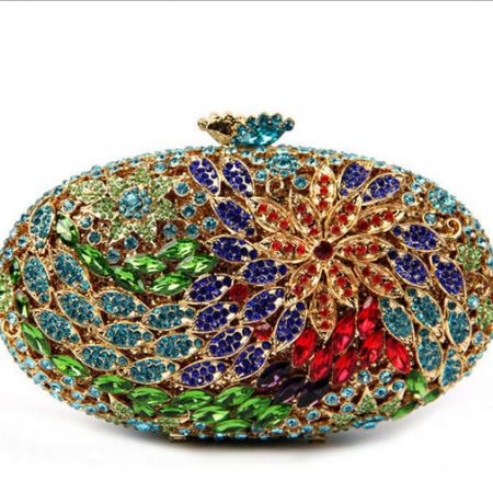 Famous Brand Designer Oval-shaped Ladies Evening Crystal Purse Green Flower Diamonds