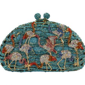 Egret Patterned Dark Blue Semicircular Clutch Bag with Metal Chain