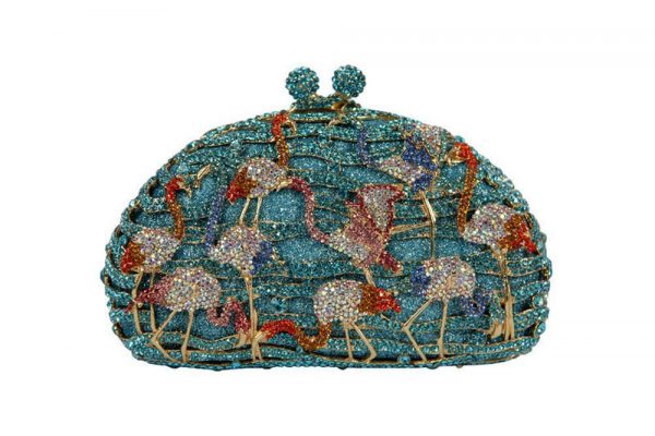 Egret Patterned Dark Blue Semicircular Clutch Bag with Metal Chain
