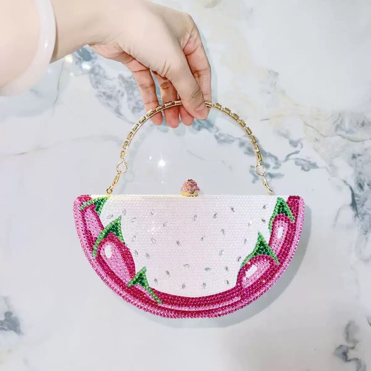Dragon Fruit Inspired Watermelon Crystal Clutch Bag with Top Handle - Image 2