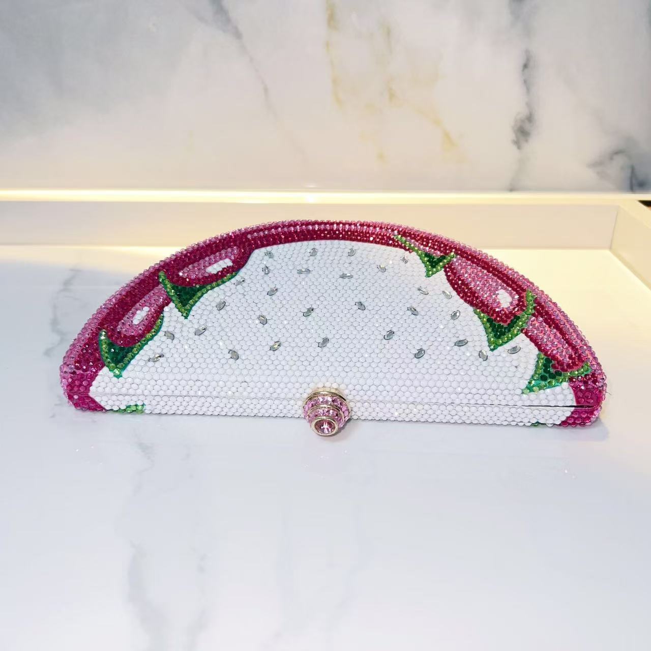 Dragon Fruit Inspired Watermelon Crystal Clutch Bag with Top Handle - Image 4