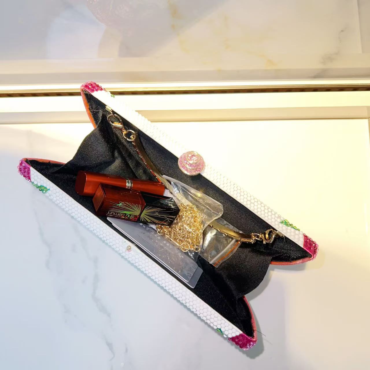Dragon Fruit Inspired Watermelon Crystal Clutch Bag with Top Handle - Image 7