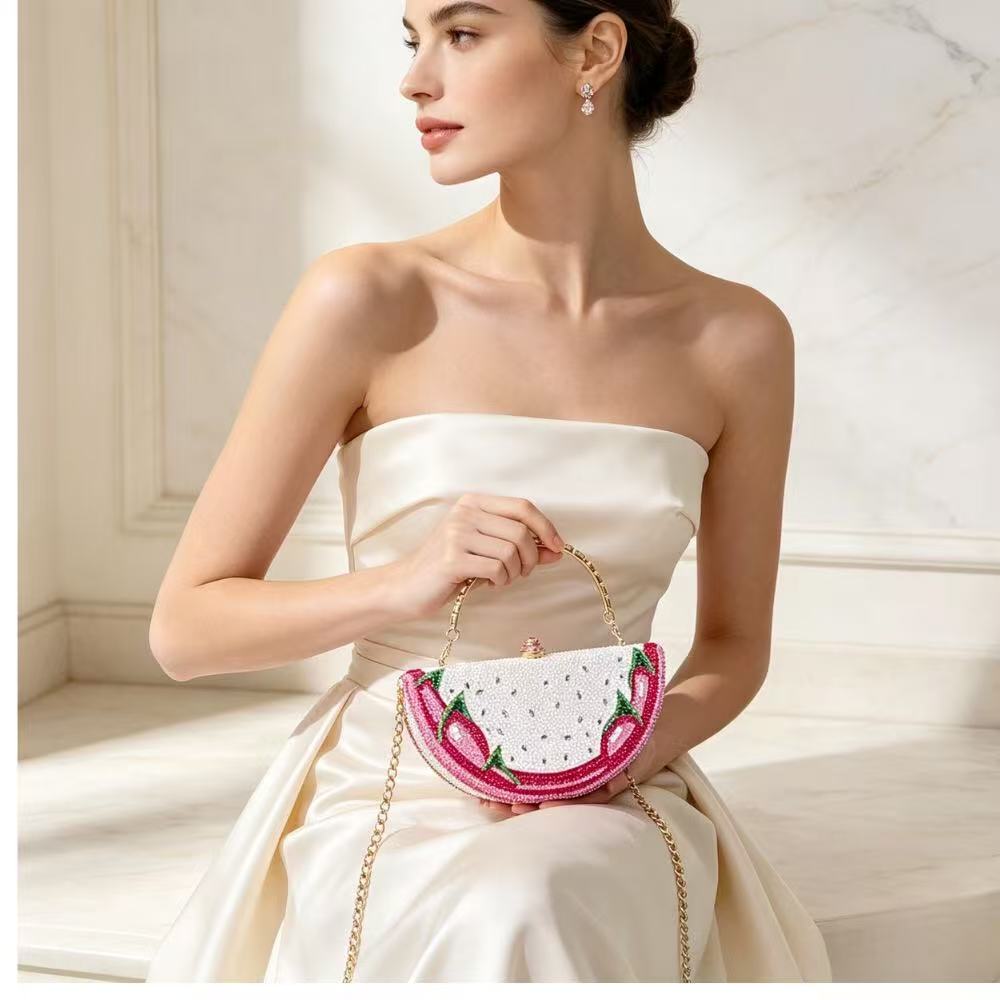 Dragon Fruit Inspired Watermelon Crystal Clutch Bag with Top Handle - Image 10
